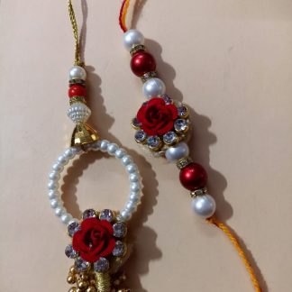 Beautiful Rose Flower And Beads Pair Rakhi for bhaiya bhabhi