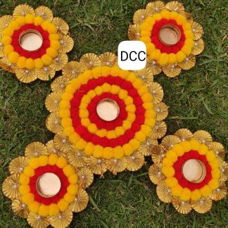 Artificial Marigold Flower and Bukram Base Diya and Candle Holder 5-Piece Set