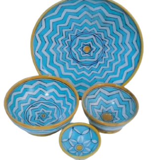 Blue Pottery Decorative Plate And Three Bowl Set