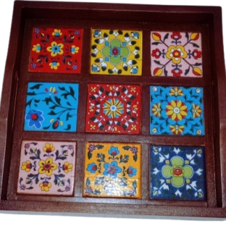 Wooden Tray With 9 Ceramic Tiles