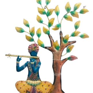 Wrought Iron Krishna Playing Flute Under Tree With LED